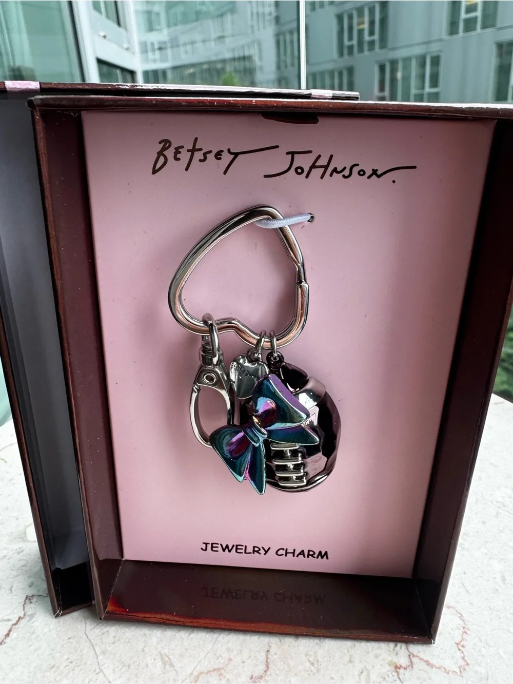 Betsey Johnson Silver Heart Keyring with Football and Iridescent Bow